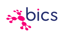 Bics logo with stylized pink molecular structure and lowercase navy blue letters.