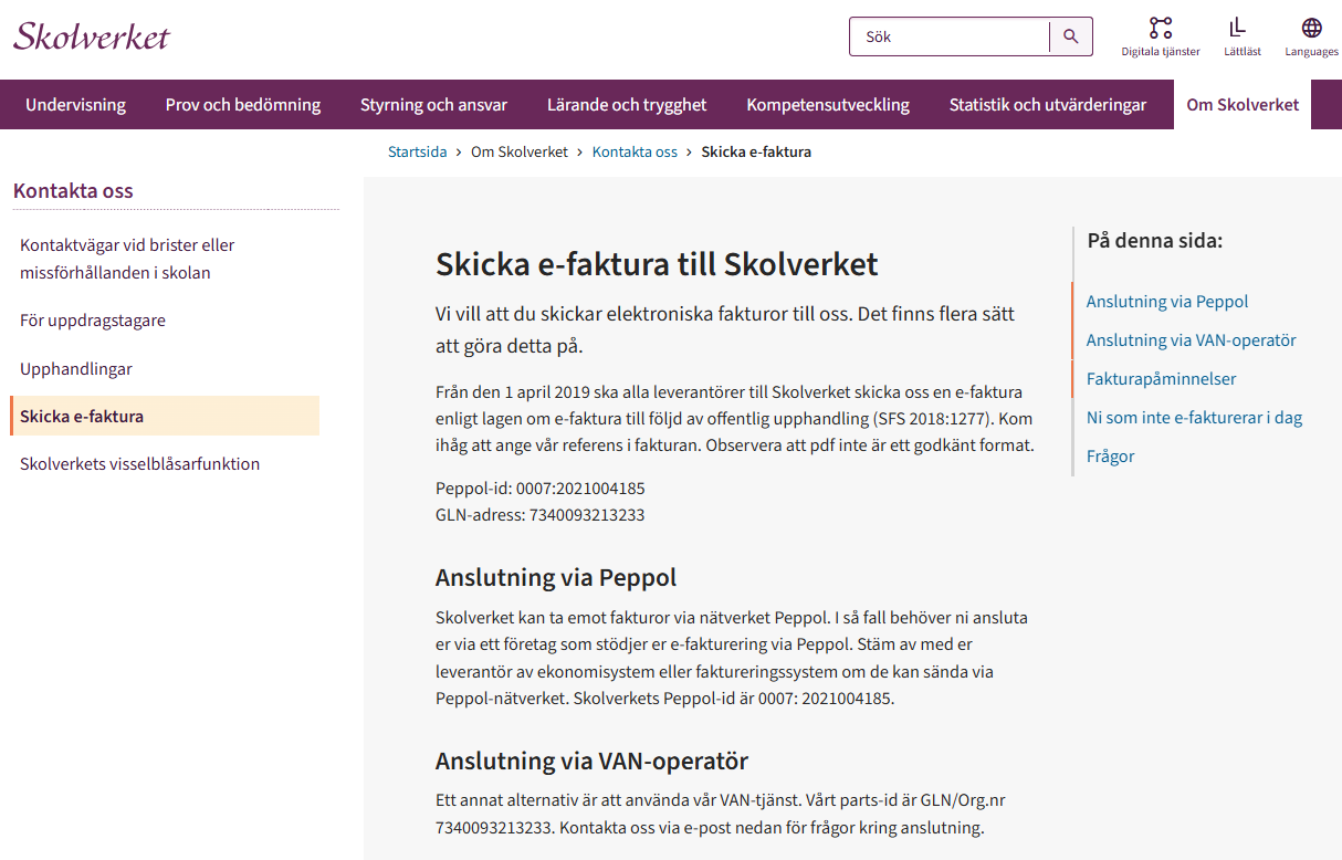 Peppol-ID till Skolverket