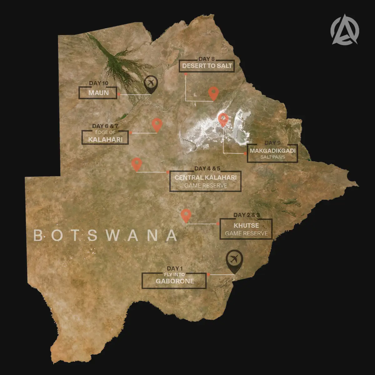 Echoes of the Kalahari expedition route map – Botswana