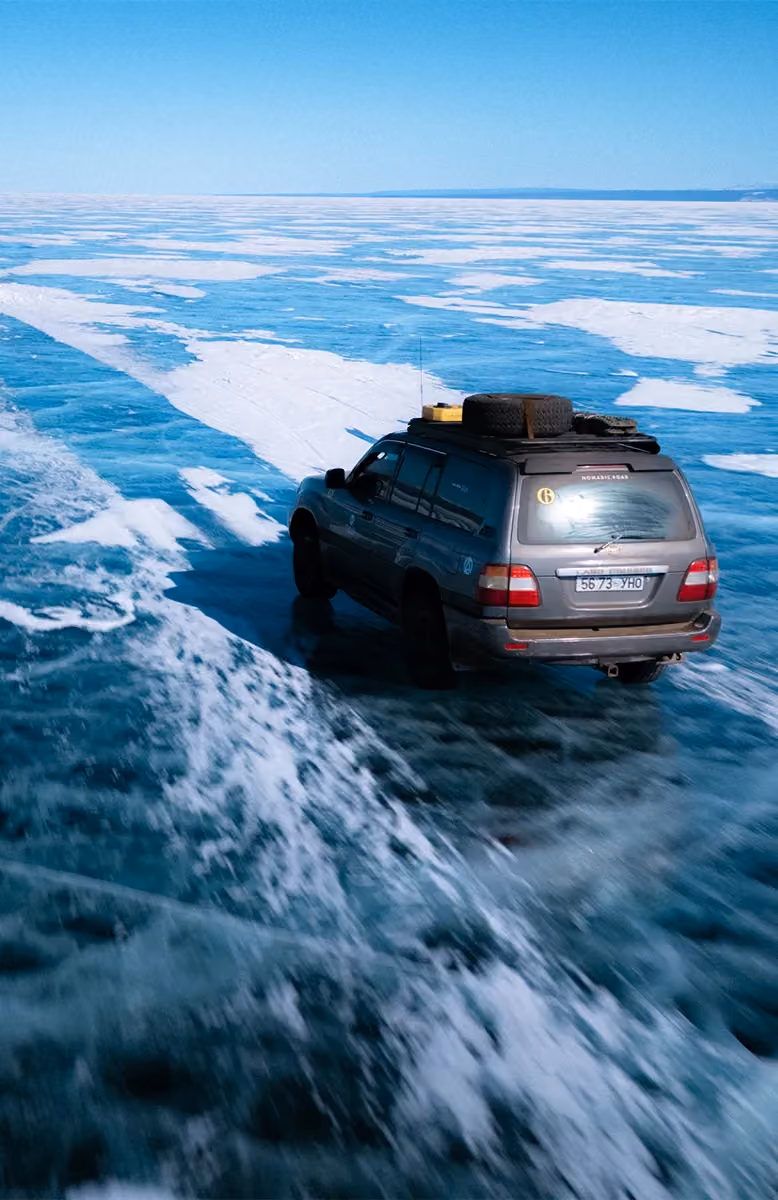 Frozen Khuvsgul Lake in winter, Cold Steppes Mongolia 4x4 expedition