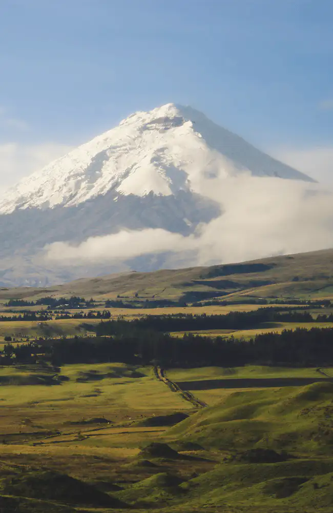 Turquoise volcanic crater lake and Cotopaxi National Park, Equatorial Affair Ecuador