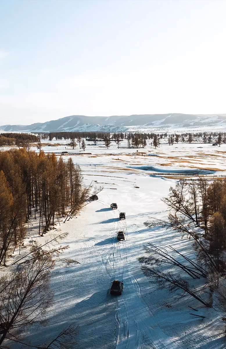 Frozen Ider river drive to Tosontsengel, Cold Steppes Mongolia