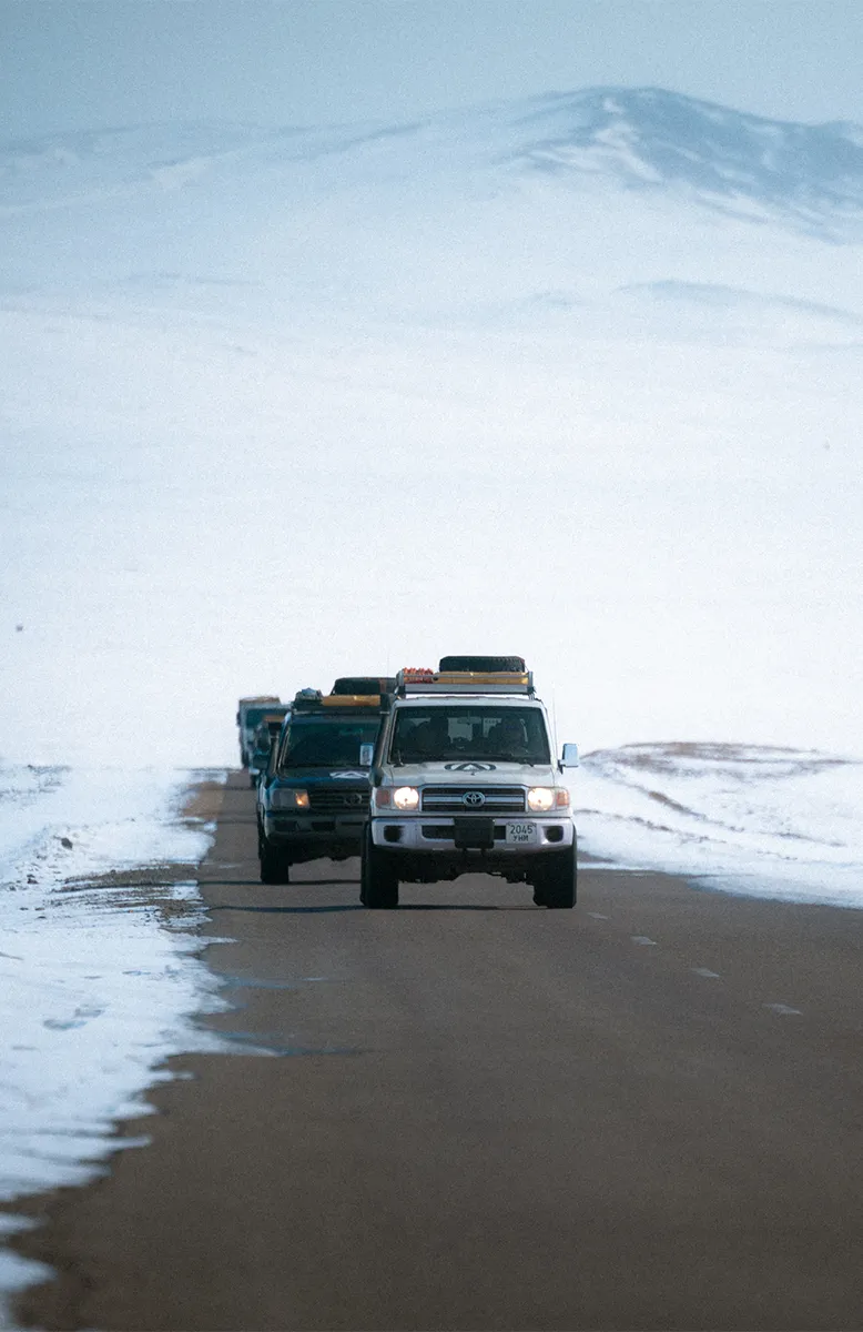 Tsetserleg journey through snow-covered dirt roads, Cold Steppes Mongolia