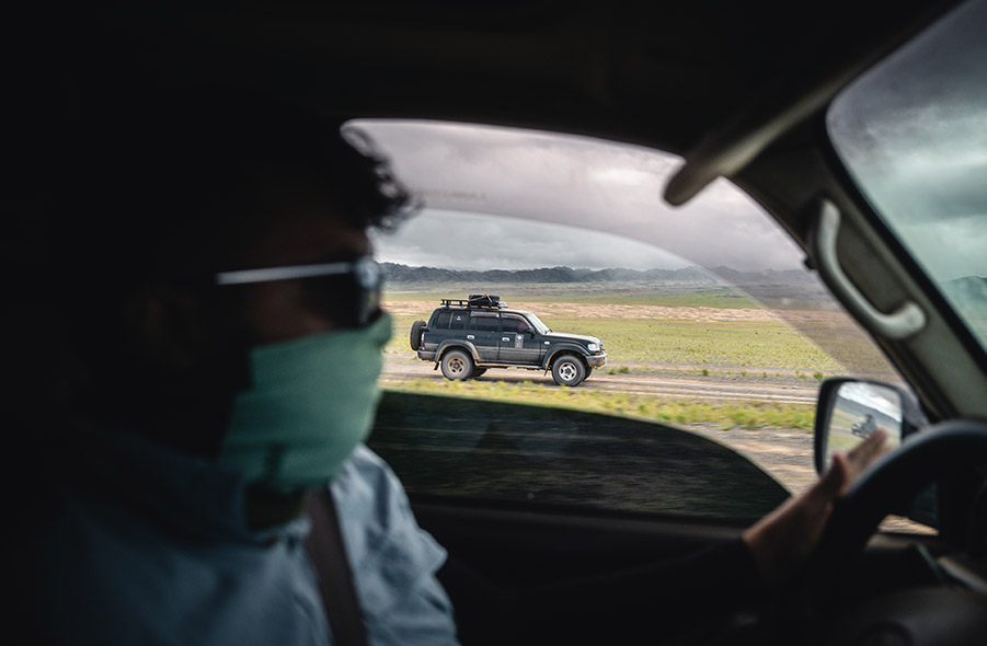 View from inside a 4x4 driving across Mongolia's Gobi Desert