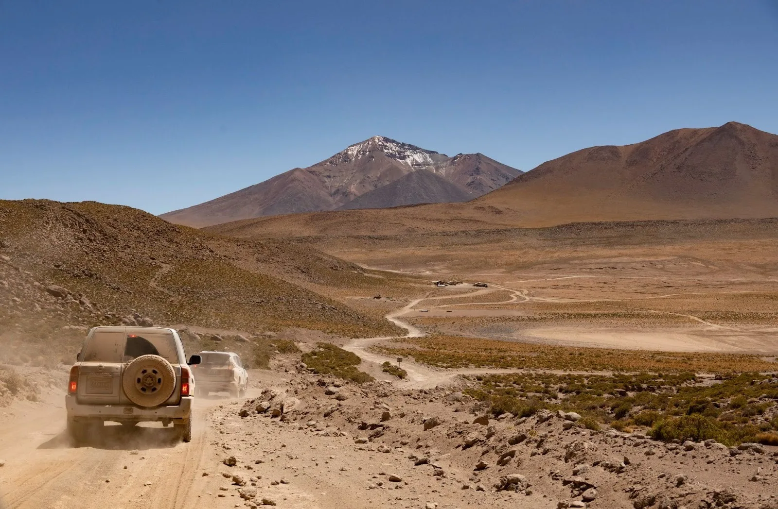 Two white four-wheel-drive vehicles kick up dust while driving along a winding dirt road through the arid, high-altitude Andean Altiplano desert toward a snow-capped volcanic peak under a clear blue sky.