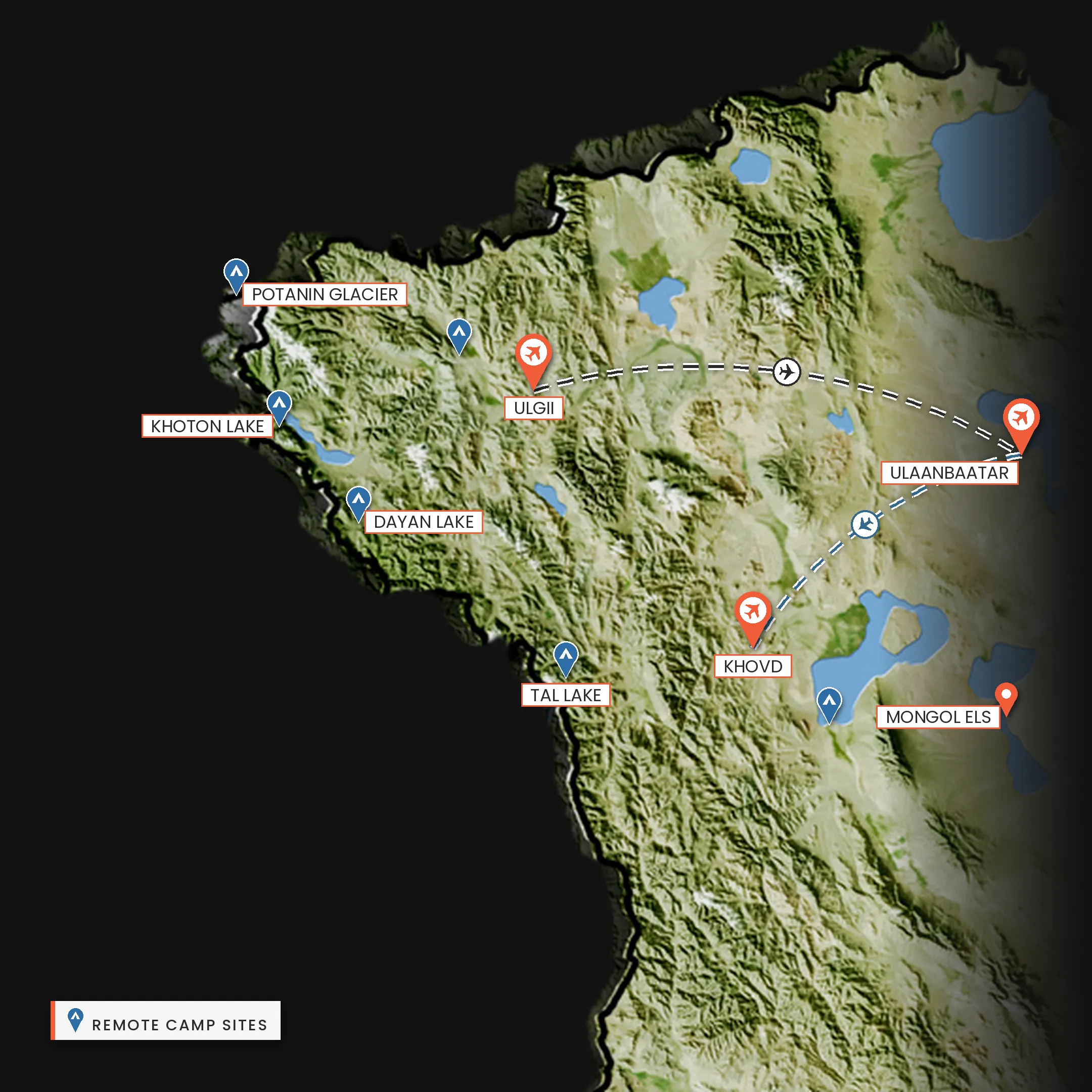 Desert to Glacier route map: Ulaanbaatar, Mongol Els, Khovd, Tal Lake, Dayan and Khoton lakes, Potanin Glacier, Ulgii