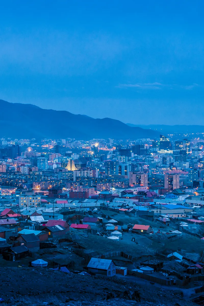 Ulaanbaatar at dusk in winter, seen from the hills, Mongolia