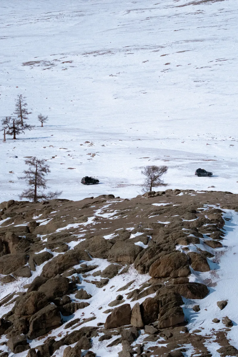 Snow and larch trees on the rocky slopes of the Khangai near Khorgo, Mongolia