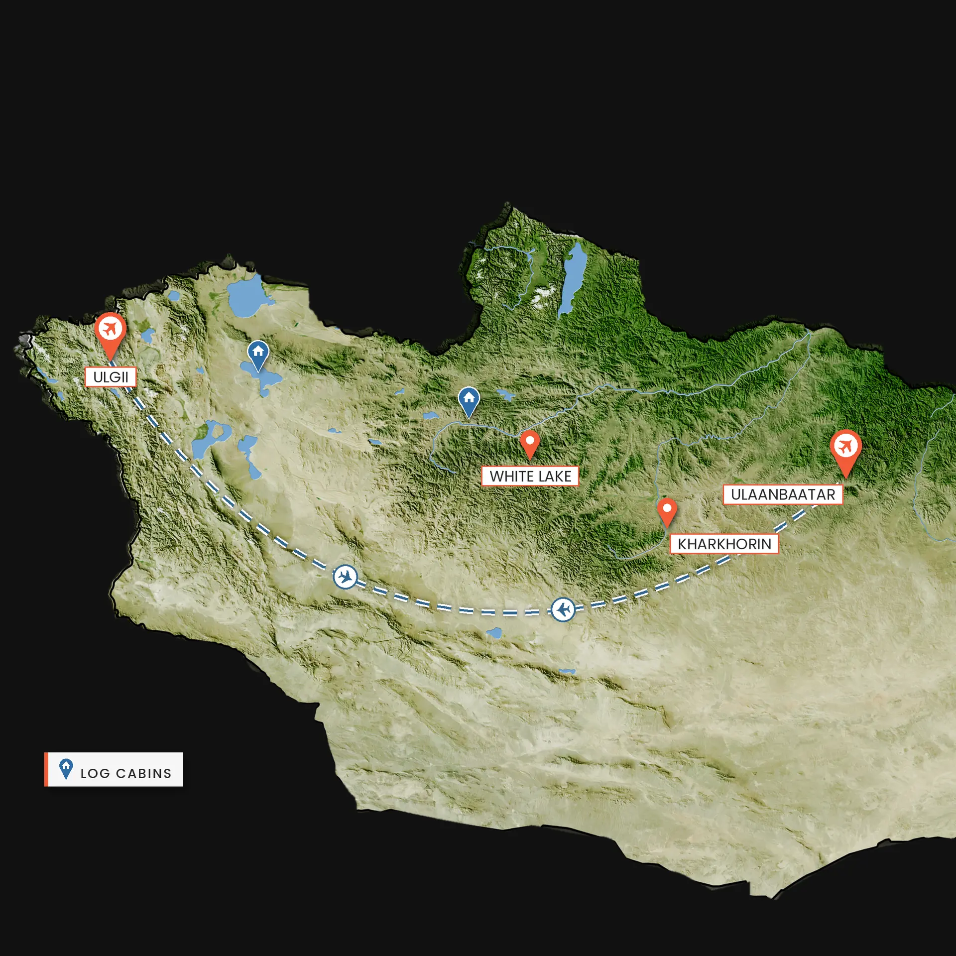Route map of the Frozen Frontier expedition from Ulgii across Mongolia to Kharkhorin and Ulaanbaatar