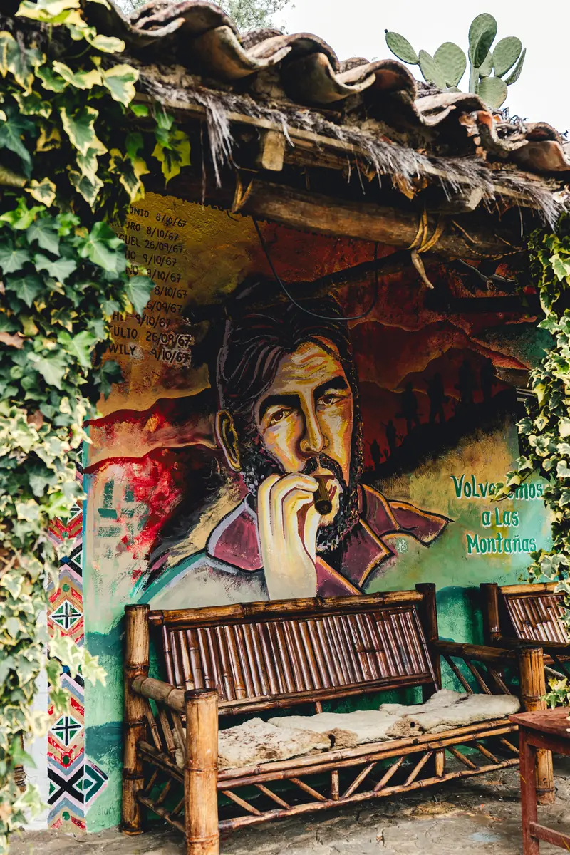 A mural of Che Guevara on a house in La Higuera, Bolivia