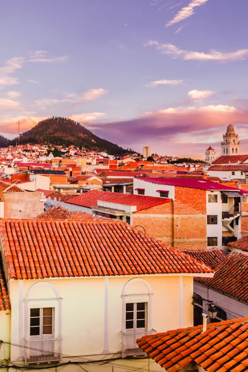 The red rooftops of Sucre, the white city, at sunset, Bolivia