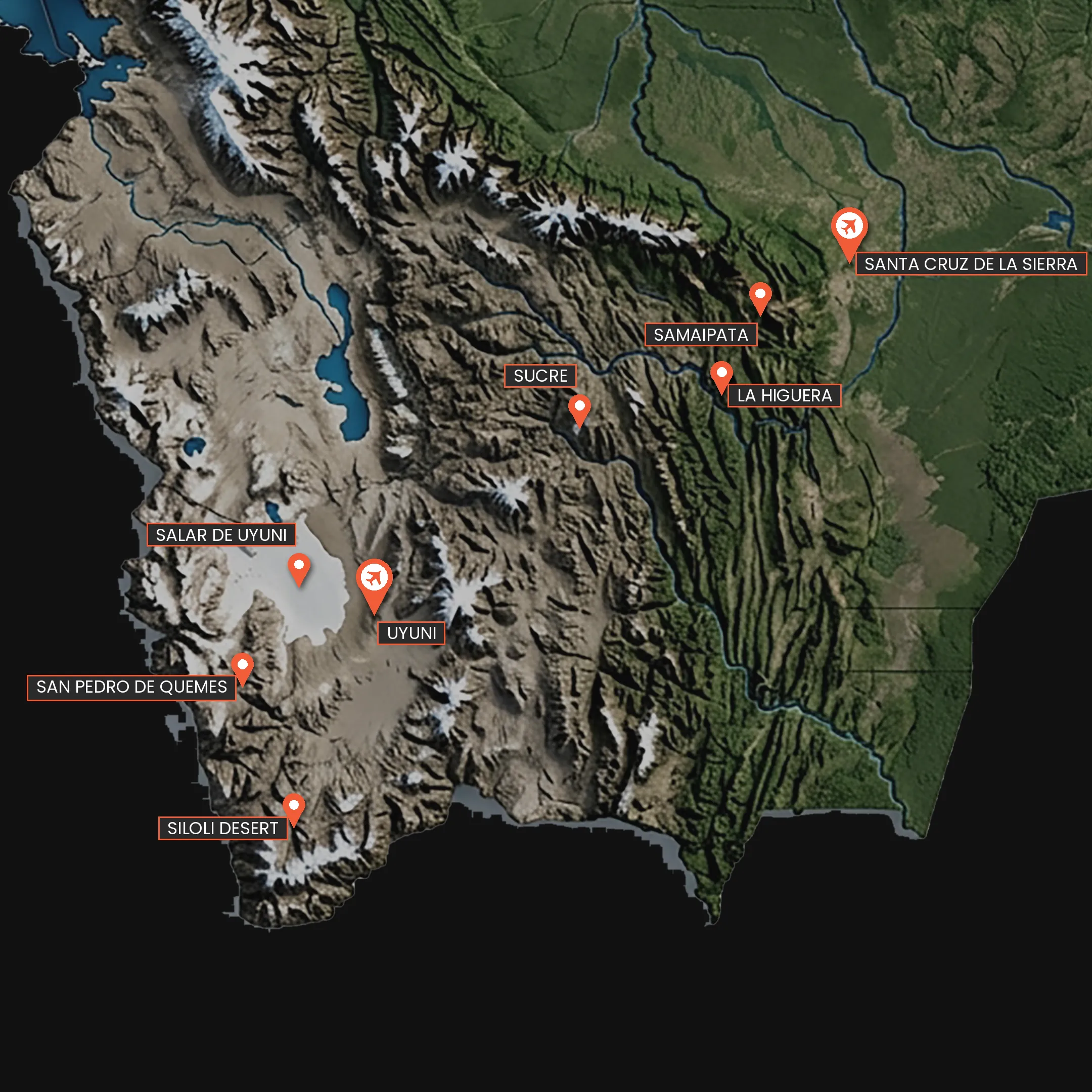 Route map of the Altiplano Run expedition from Santa Cruz across Bolivia to Sucre, Uyuni and the Salar de Uyuni