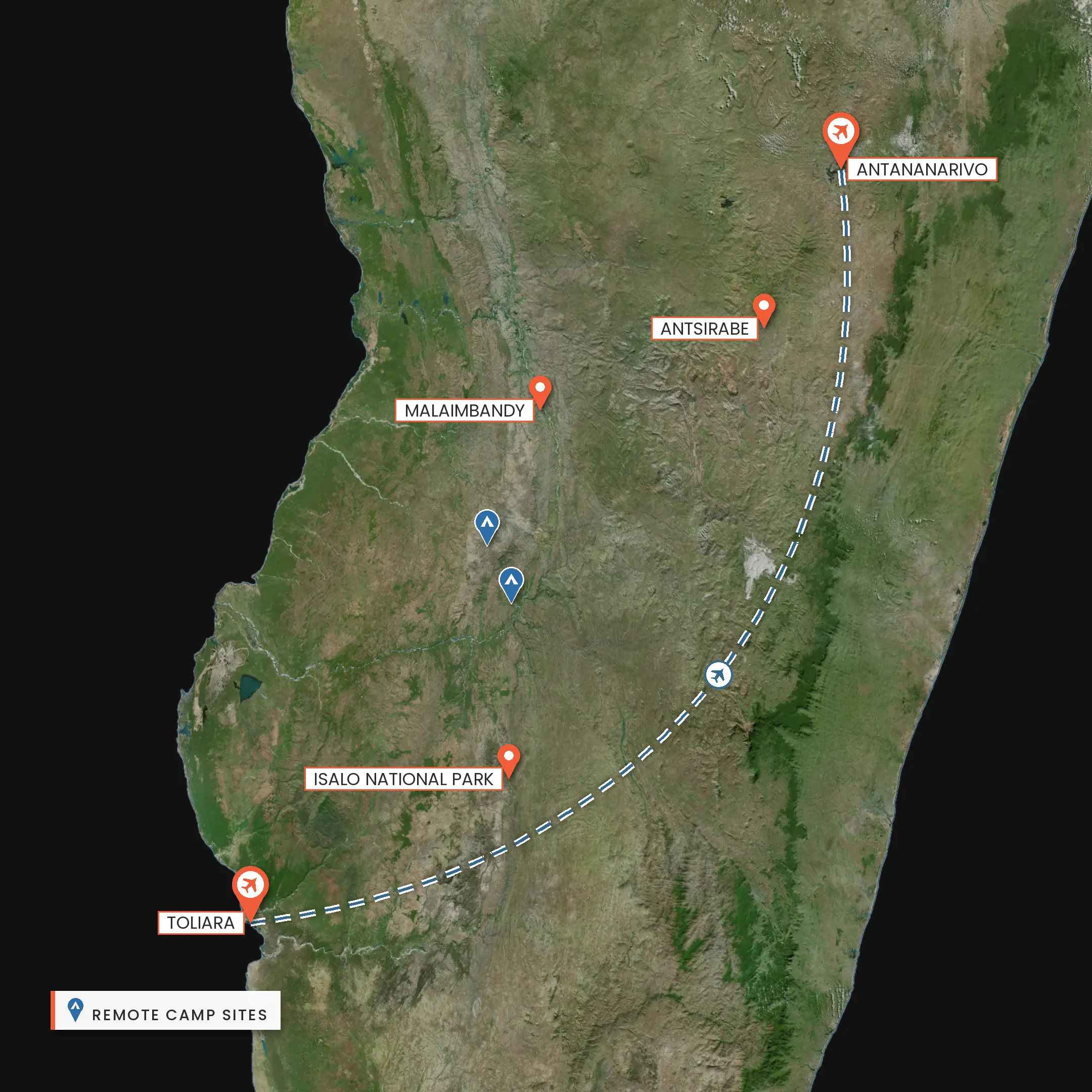 Route map of the Lost Canyons expedition from Antananarivo via Antsirabe, Malaimbandy, the Makay camps and Isalo National Park to Toliara