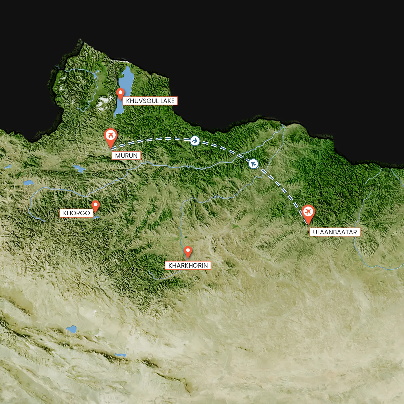 Route map of the Frozen Frontier expedition from Ulaanbaatar via Kharkhorin, Khorgo and Murun to Khövsgöl Lake, Mongolia
