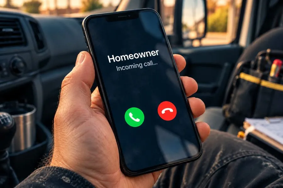 A phone showing an incoming call from a homeowner