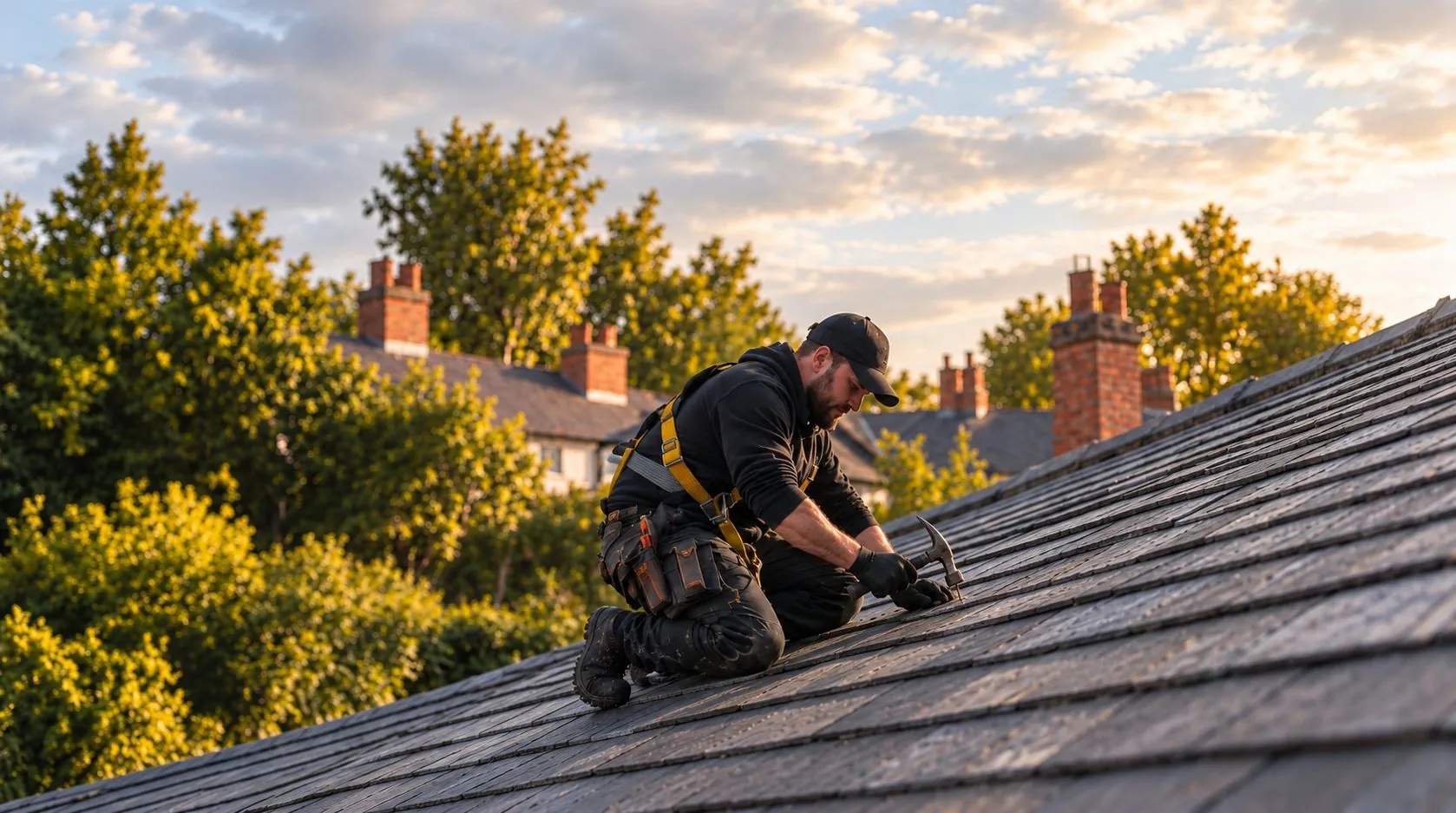 A roofer in a harness nailing slates on a roof, with chimneys behind