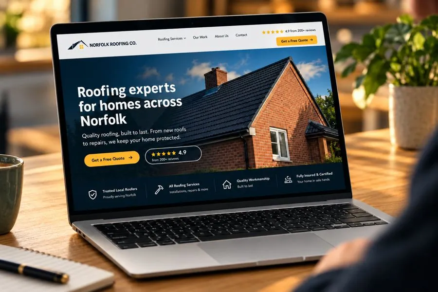 A finished roofing website on a laptop