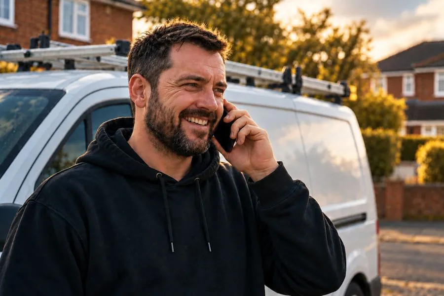 A roofer smiling on a phone call by his van