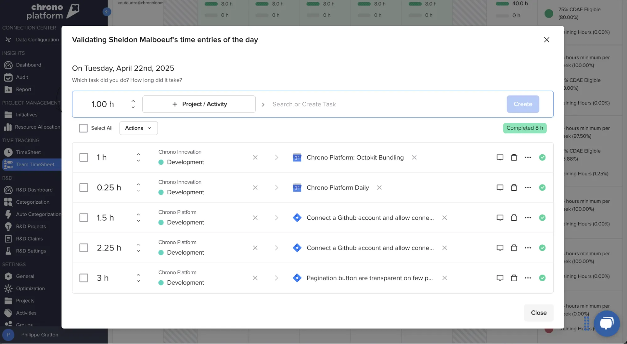 Chrono platform showing daily time entries linked to projects and tasks for delivery tracking