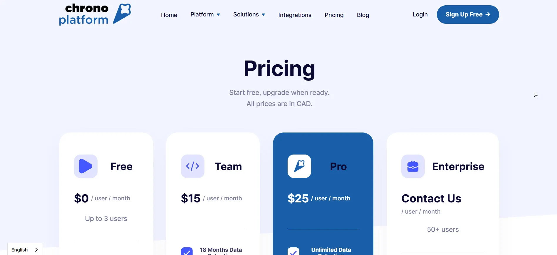 Chrono Platform pricing plans showing Free, Team, Pro, and Enterprise options.