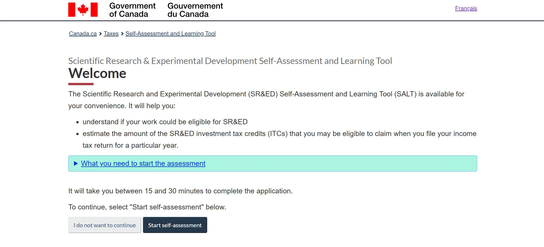 Government of Canada webpage for SR&ED self-assessment and learning tool.
