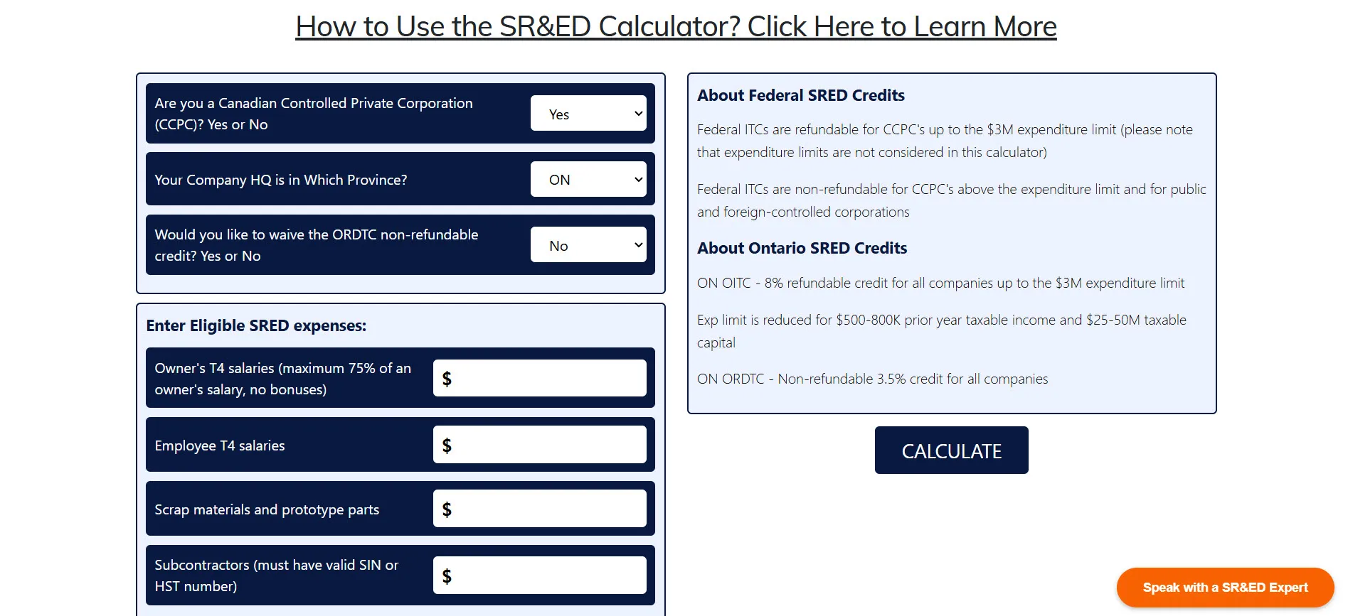 Online SR&ED calculator form with fields for company details and expenses.