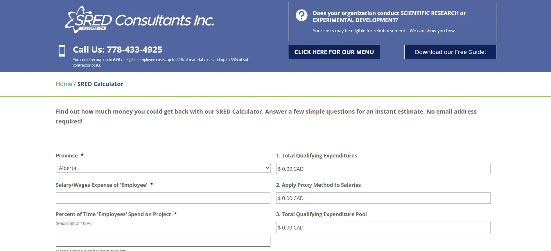 SRED Consultants webpage with an online calculator for funding estimates.