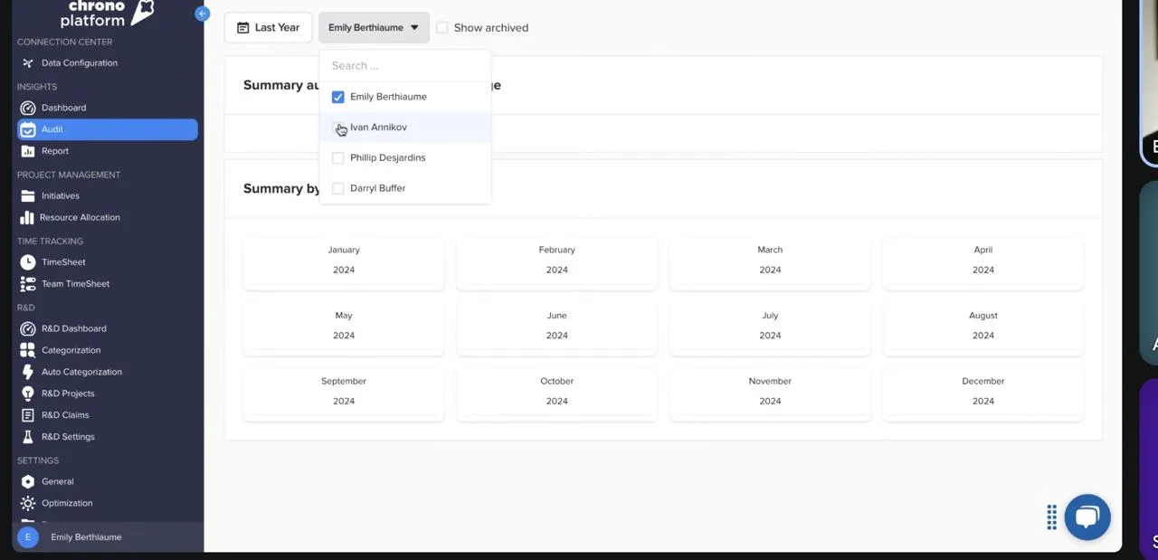 Chrono Platform interface showing audit and reporting tools with user selection.