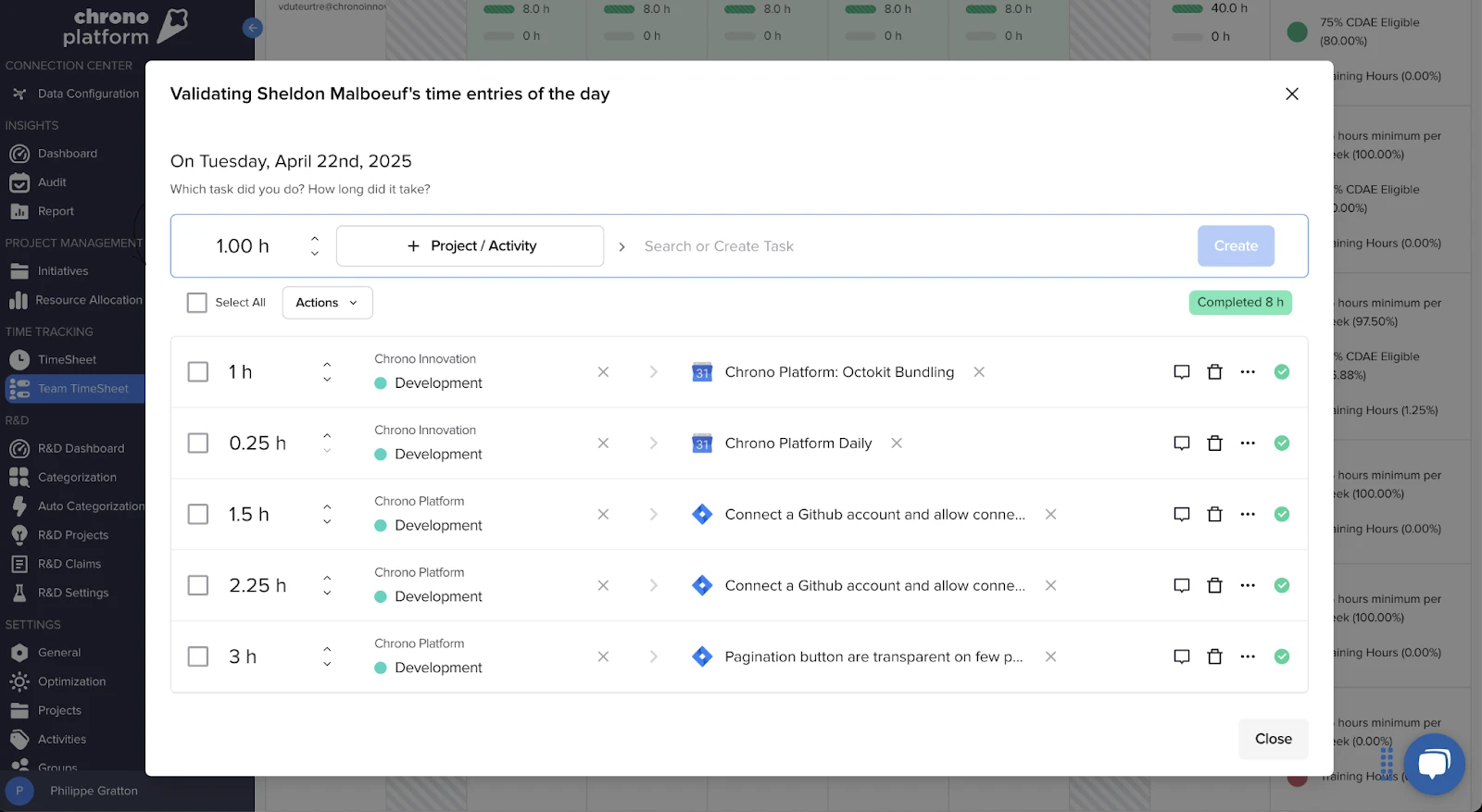 Chrono Platform timesheet view showing daily task validation and activity tracking.