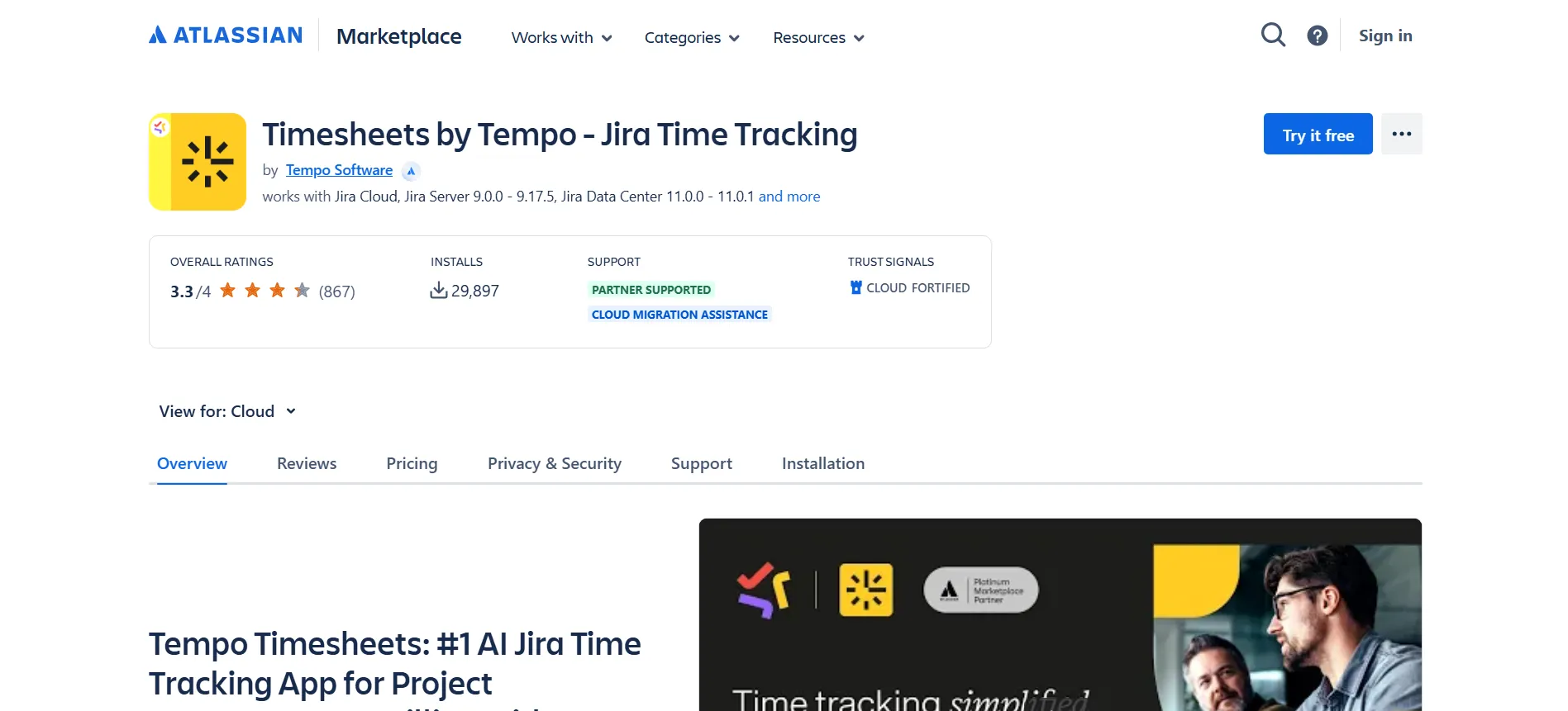 Tempo Timesheets displays a Jira plugin for tracking and managing project time.