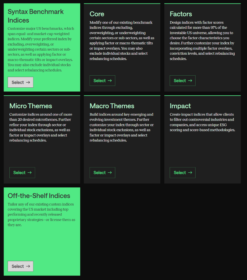 Tiles showing the different types of indices that can be built on Syntax Direct: Benchmark, Core, Factor, Micro Theme, Macro Theme, Impact, and Off the Shelf.