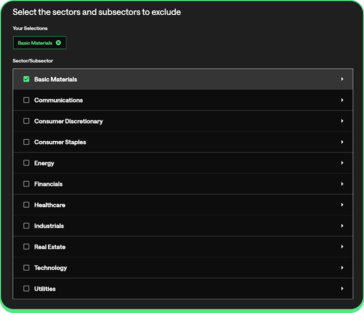 Sectors users can optionally exclude, underweight, or overweight in Syntax Direct indices.