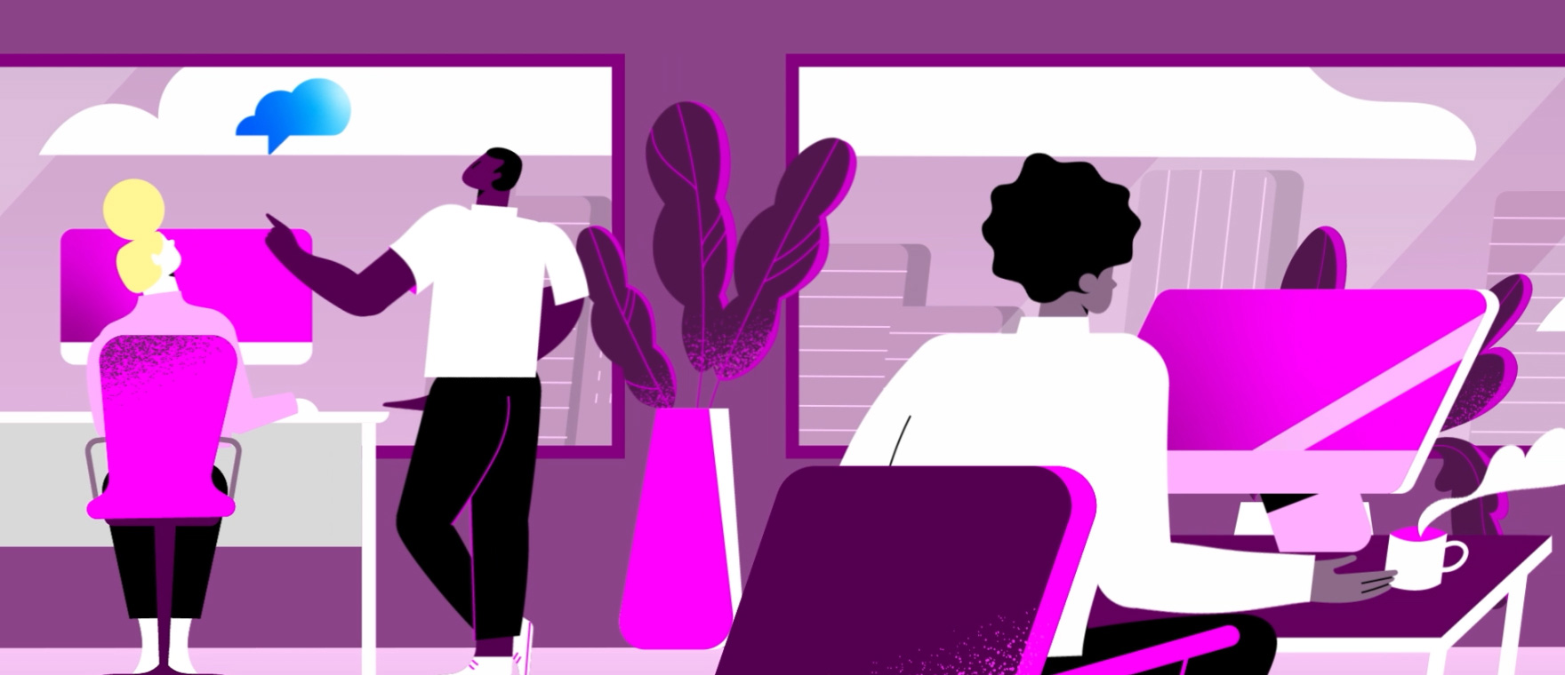 A still image from an animation for Onlia Goup Insurance of People working in an open office with a city view.