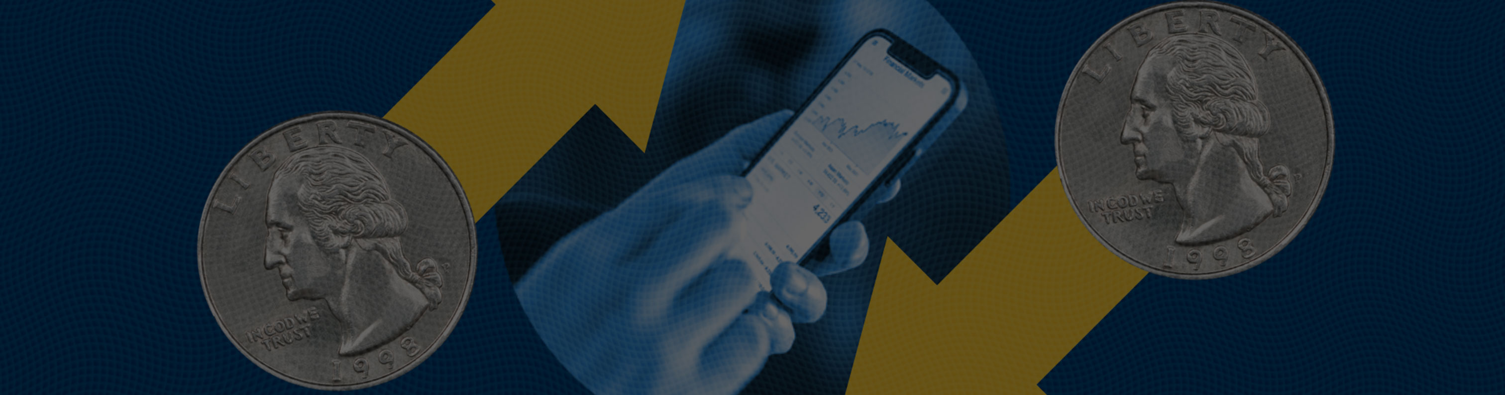 An image of two coins that say Liberty. Arrows going up and down and a hand holding a phone with a stock chart on it.