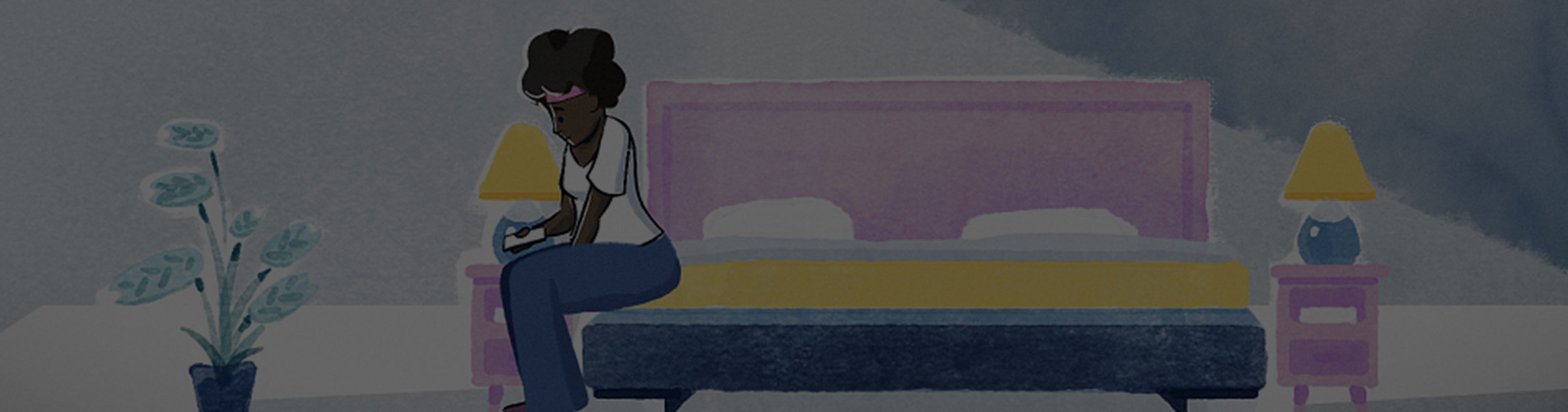 Illustration of a person stitting on the edge of their bed looking at a phone.