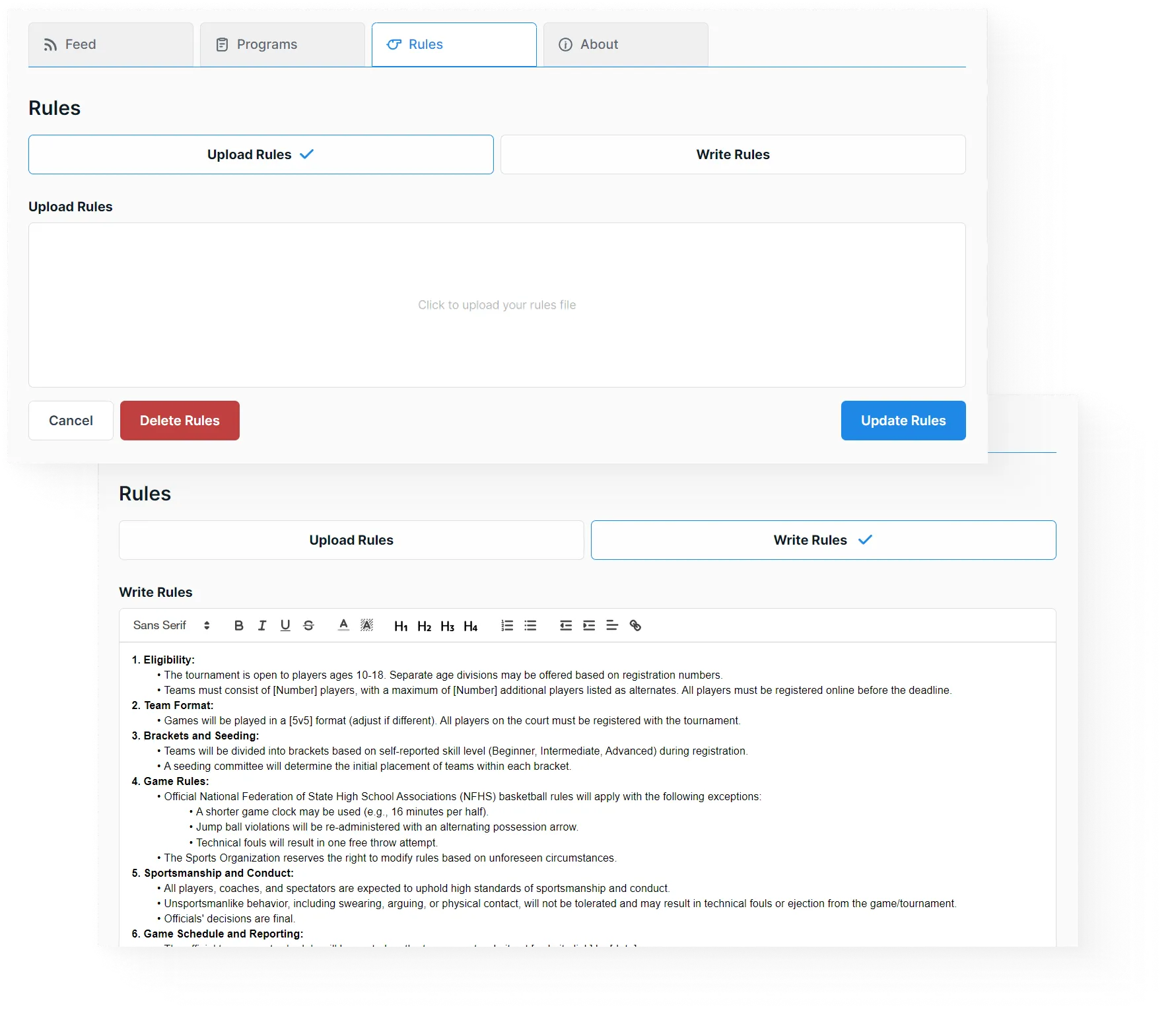 Upload or copy and paste your organization's rule set.