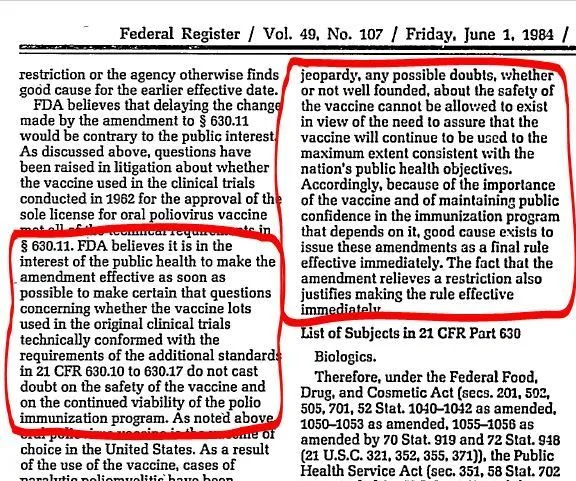 1984 Federal Register on the Polio Vaccine
