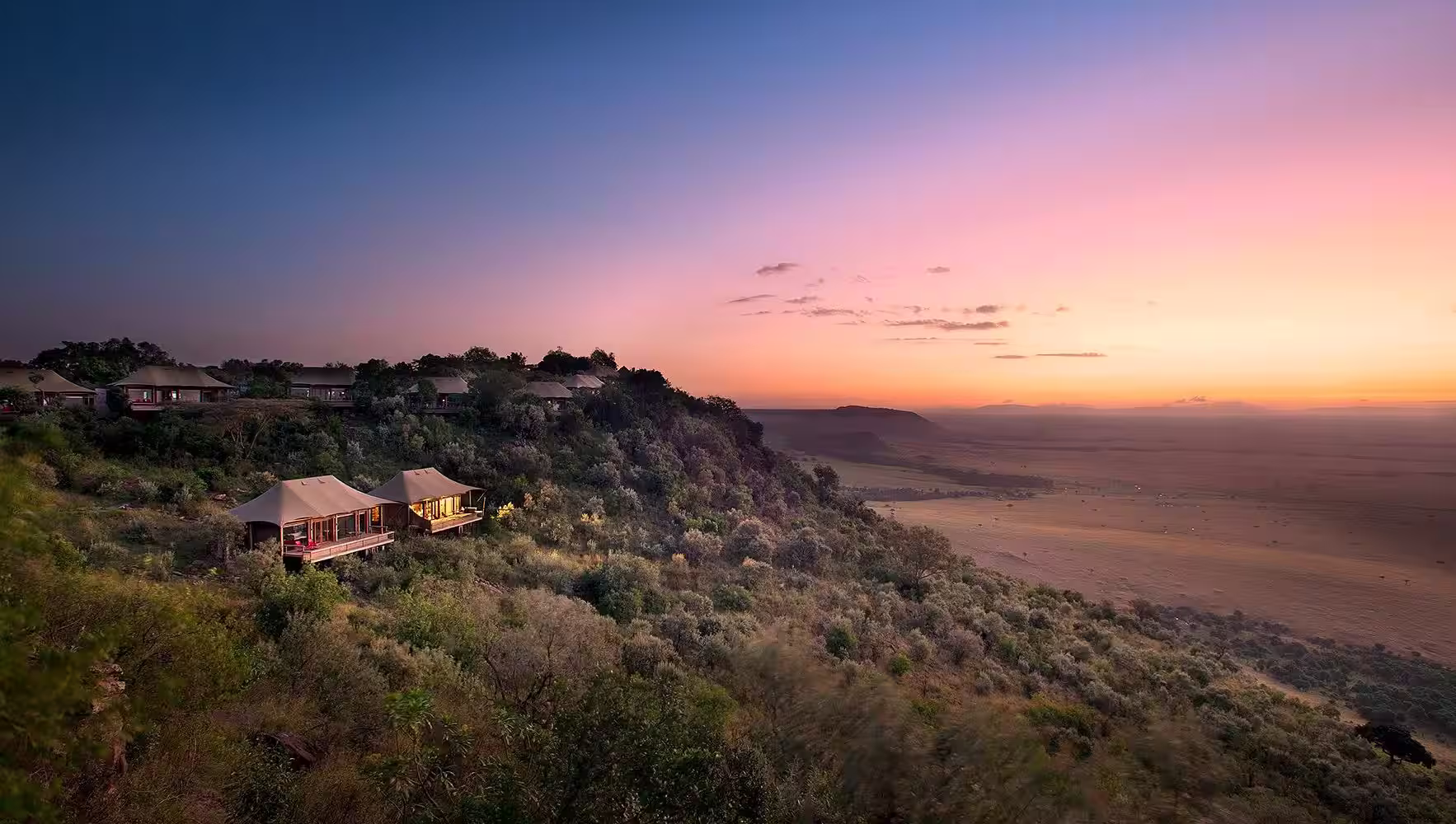 An aerial view of Angama Mara overlooking the vast savannah.