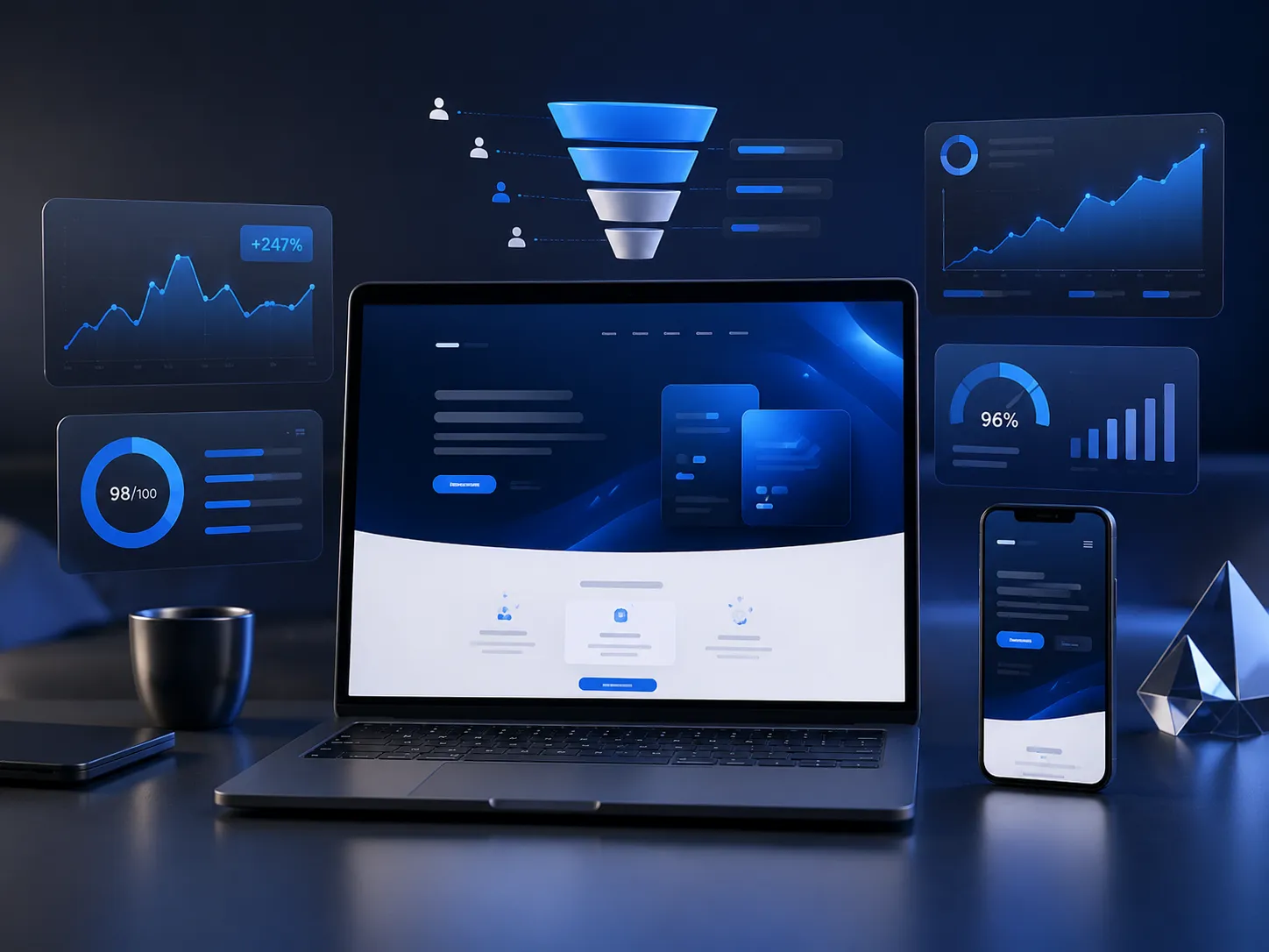 Laptop and smartphone displaying digital analytics dashboards with charts and metrics in a dark blue setting.