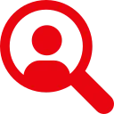 Red magnifying glass over a user profile icon indicating user search or account lookup.