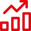 Red bar chart with three ascending bars and an arrow pointing upward to the right.