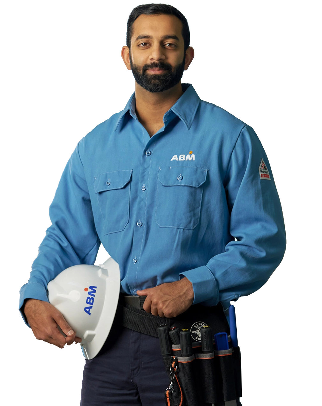 Man in a construction worker's uniform holding a hard hat