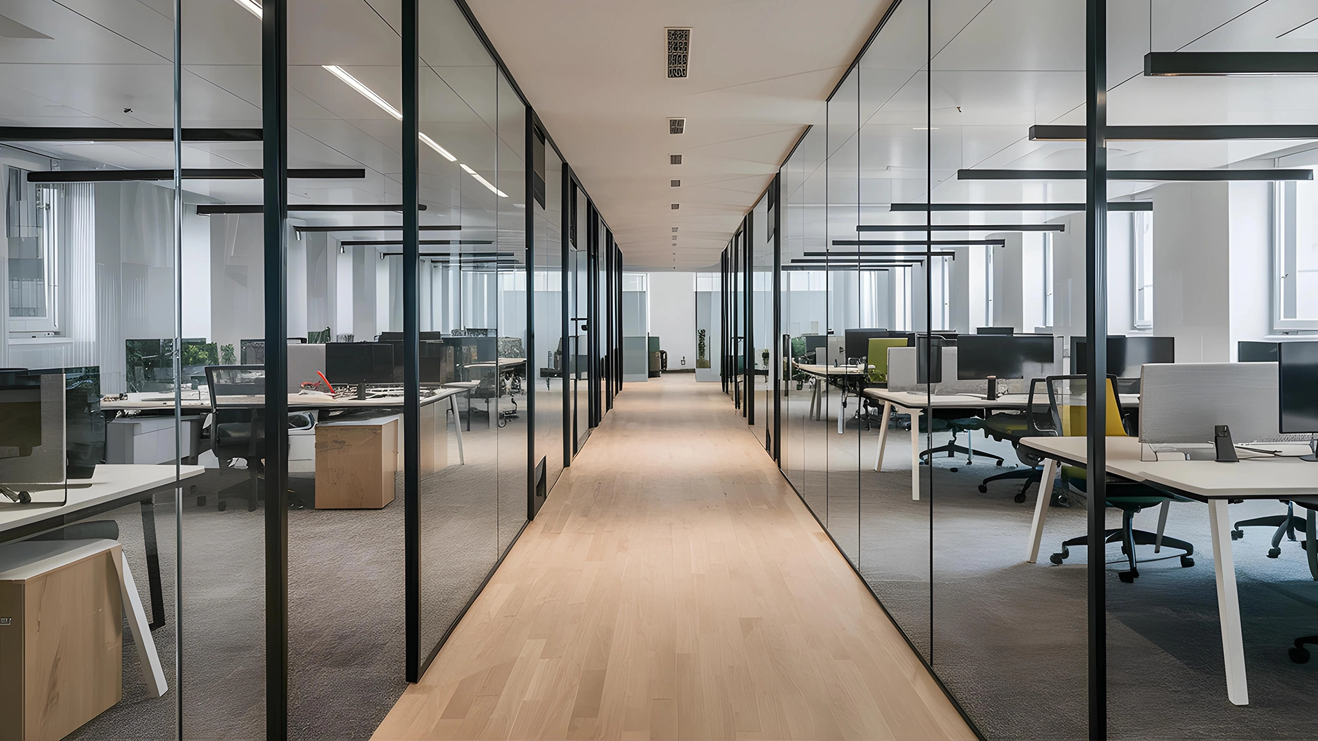 Modern office corridor with glass-walled rooms and desks with chairs on both sides.