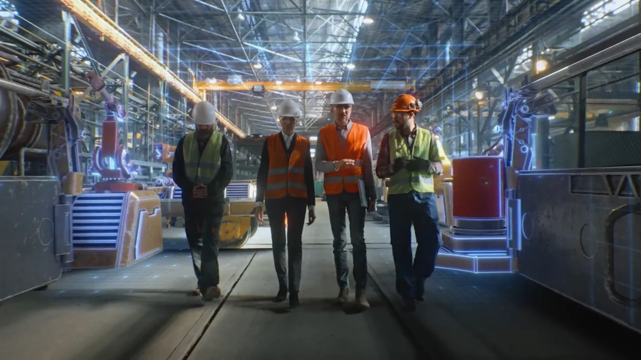 Four warehouse facility maintenance workers walking and talking in an industrial warehouse.