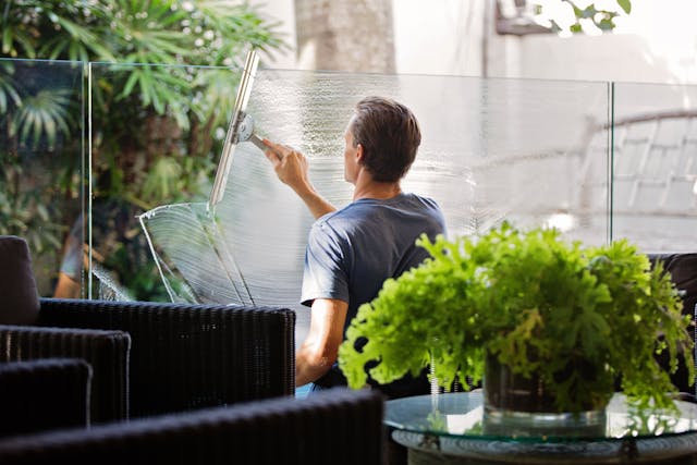 A man is cleaning a glass partition in an office.