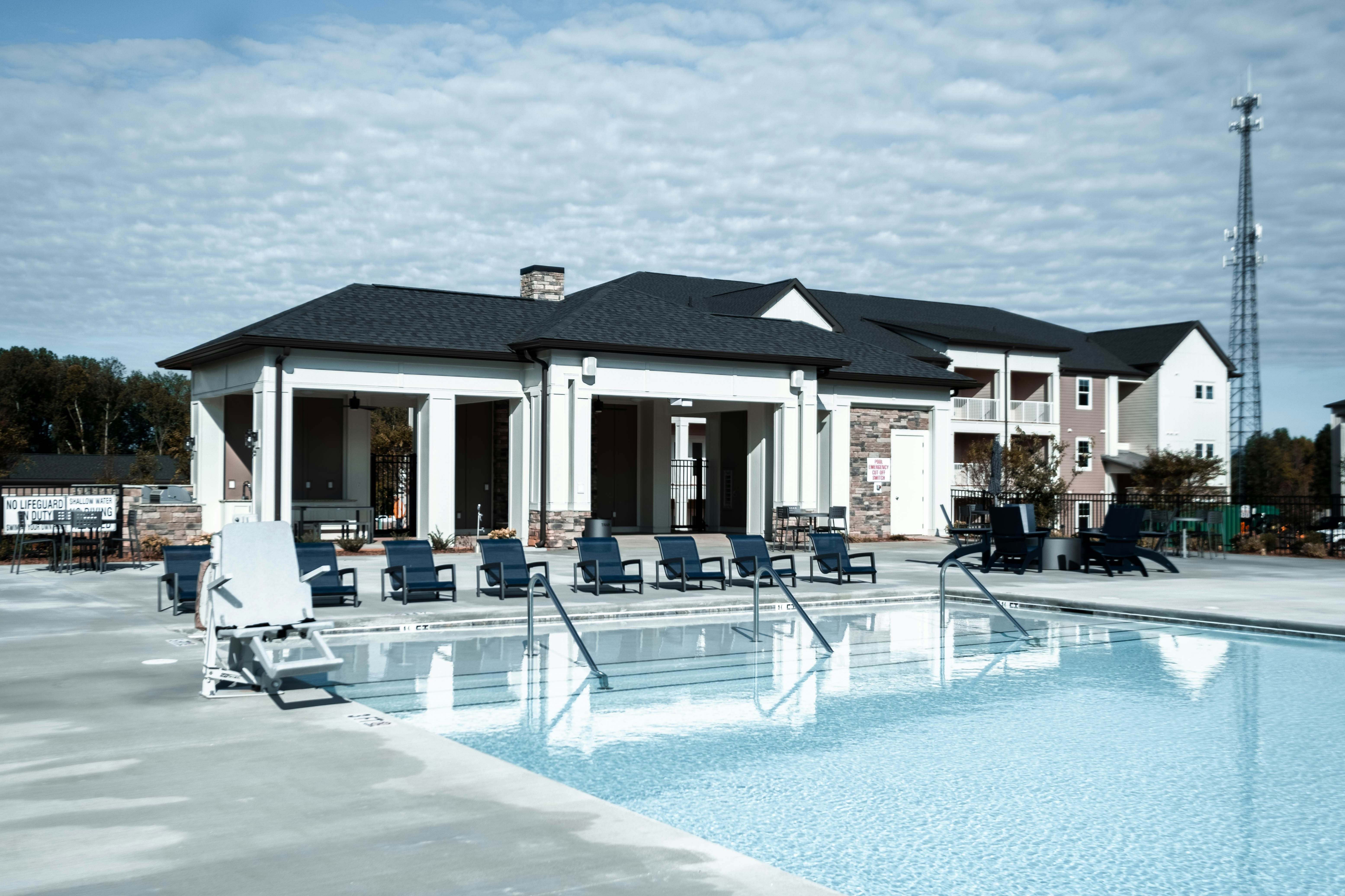 An apartment complex swimming pool.