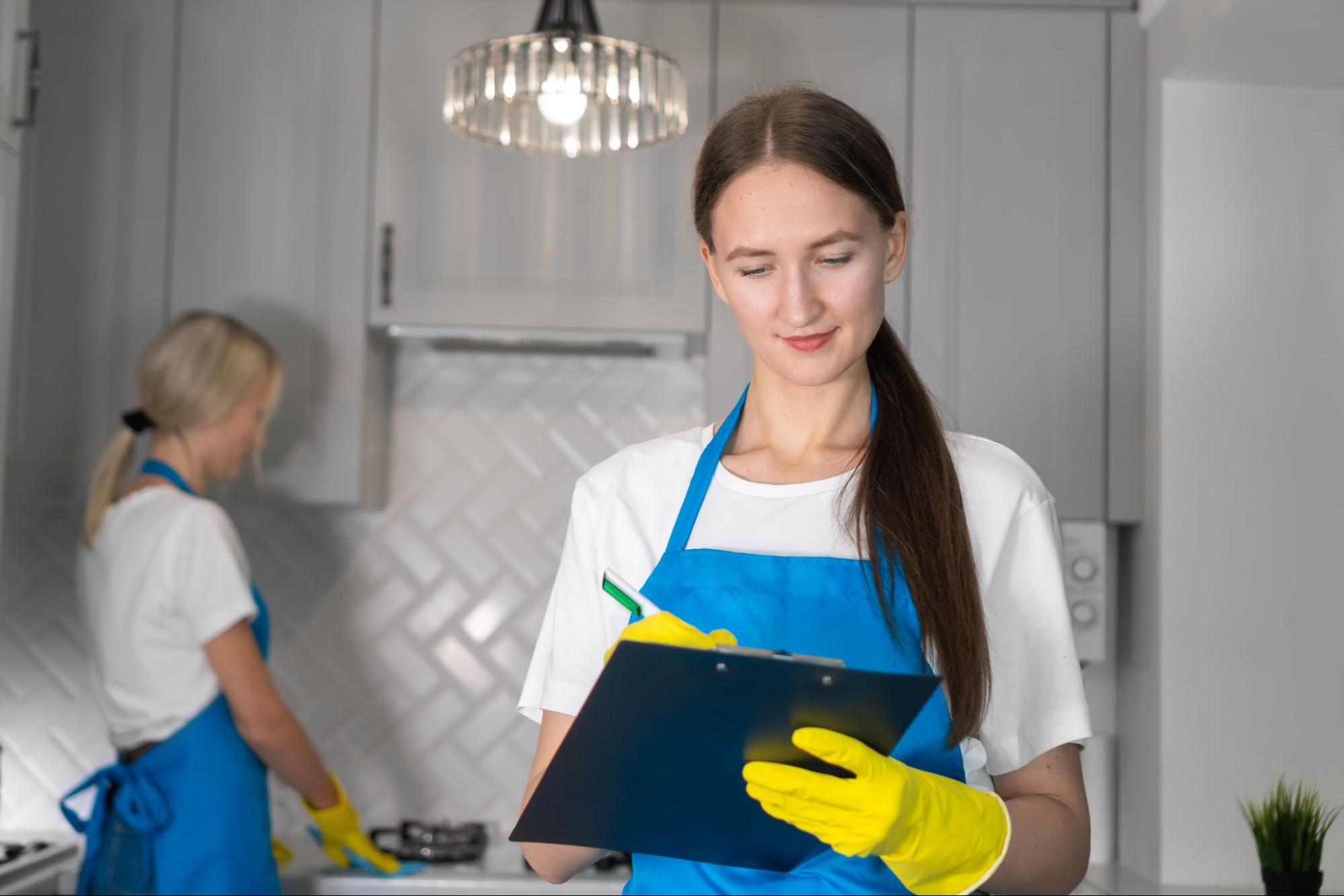A cleaning manager writes on a clipboard as an employee cleans in the background