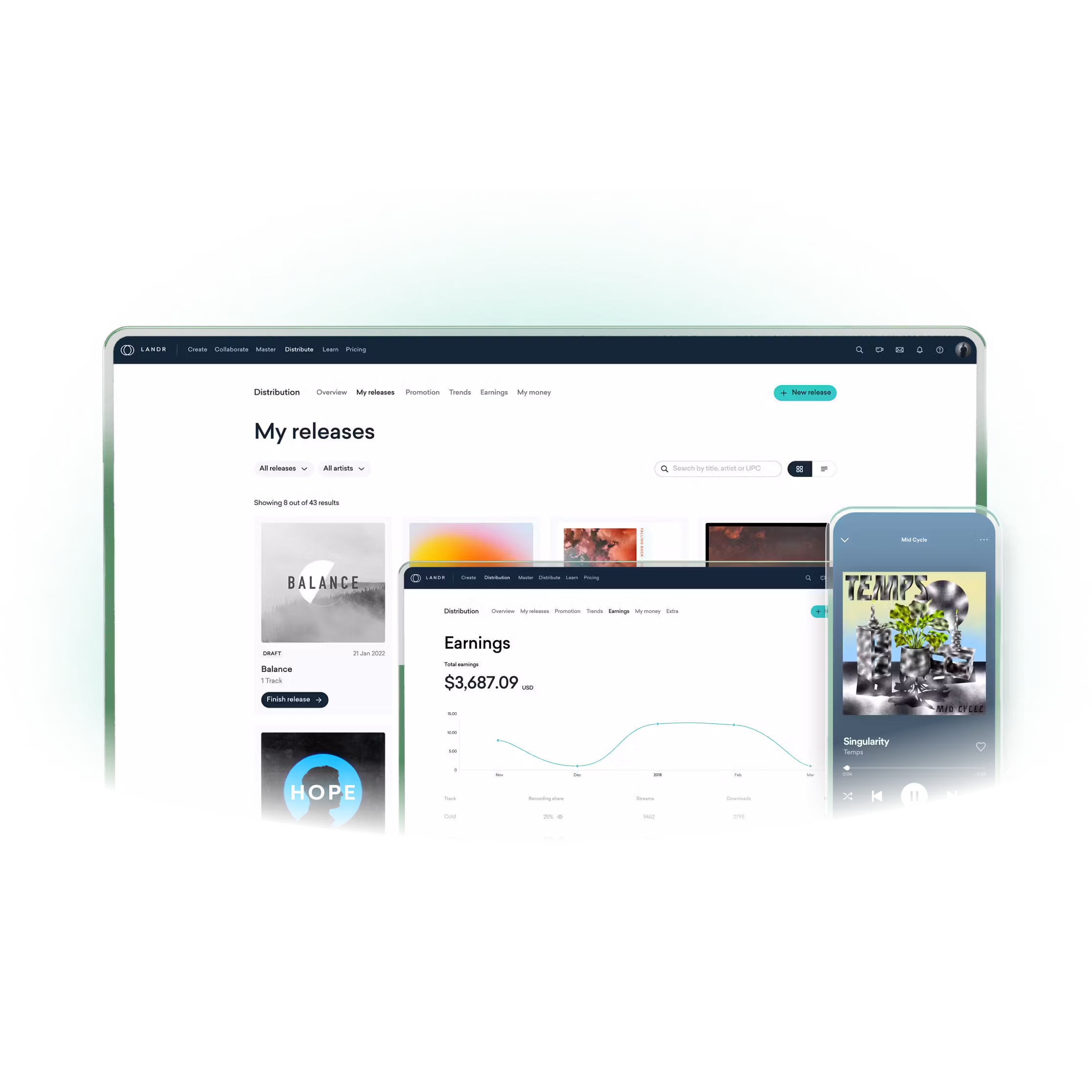 User interface of LANDR music distribution platform showing My releases page, Earnings graph with total earnings of $3,687.09, and a mobile music player playing the song Singularity by Temps.