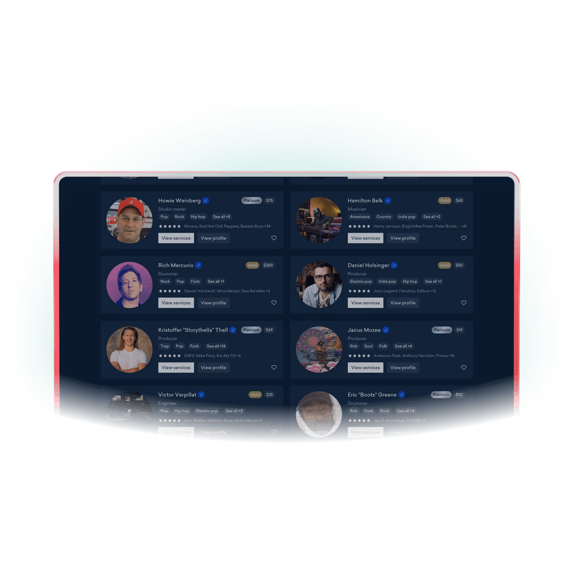 Tablet screen displaying music professional profiles with photos, names, roles, genres, ratings, prices, and buttons for viewing services and profiles.