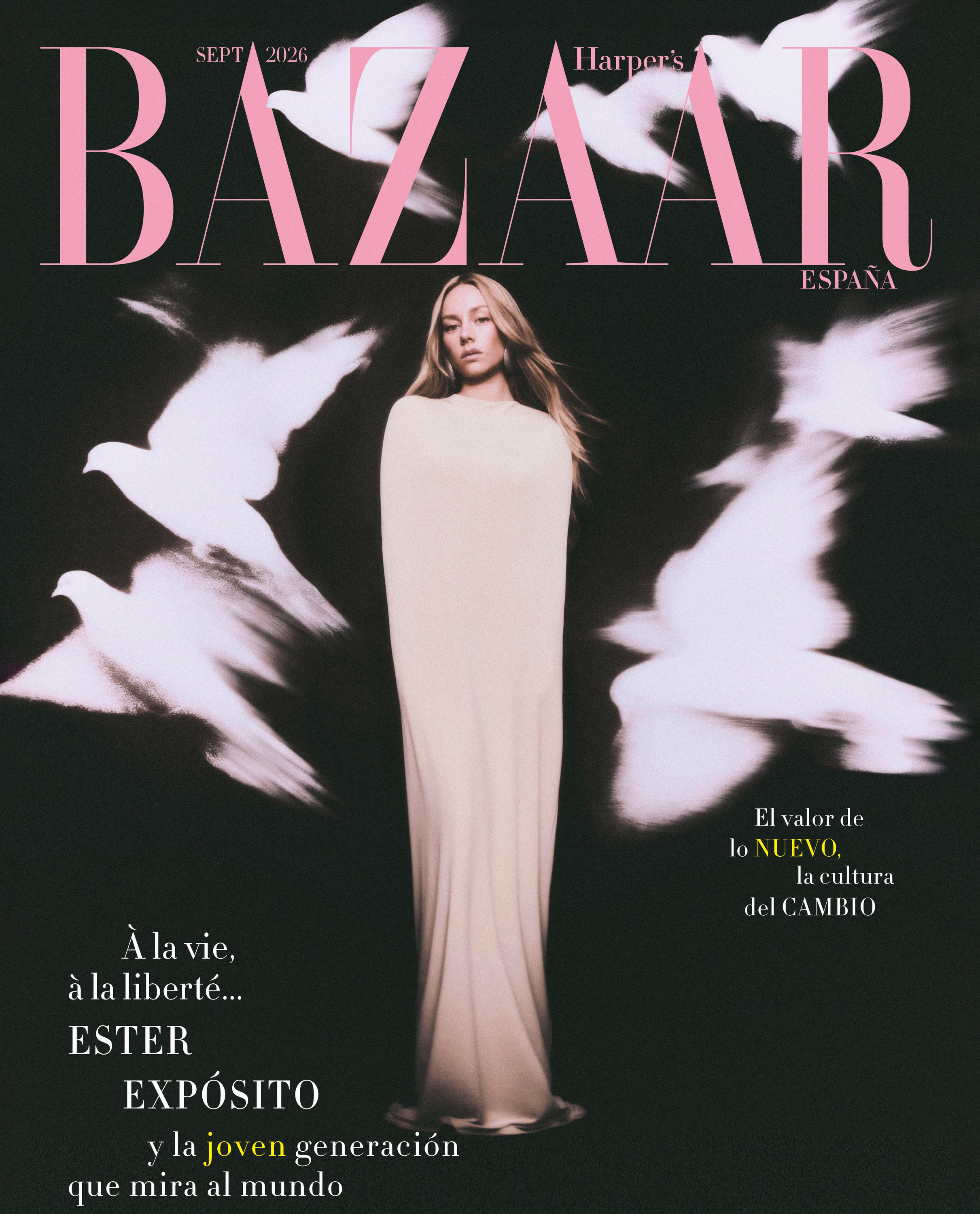 Ester Expósito in a floor-length ivory gown on the September 2026 cover of Harper’s Bazaar España.